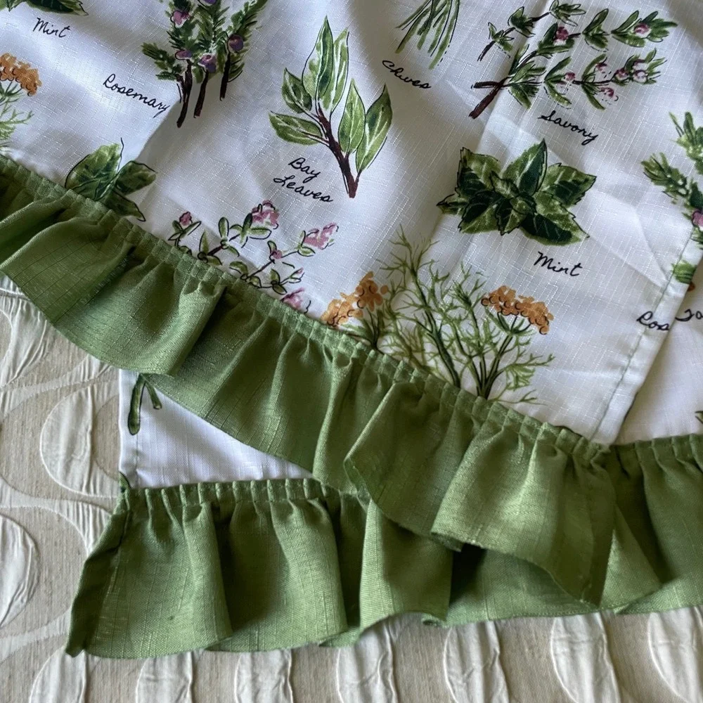 Botanical Herb Print Cafe Curtains Set of 2 White Green Ruffle Farmhouse 27x34